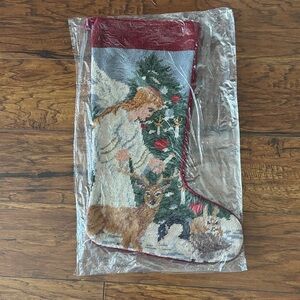 Vintage Holiday Needlepoint Stocking with Angel and Deer Design